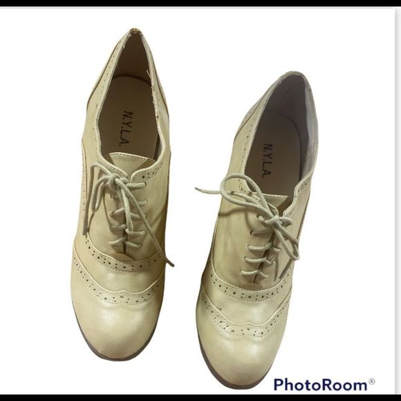 N.Y.L.A Dazey Beige Wingtip Platform High Block Heel Pumps Oxfords Size… - Picture 2 of 9
